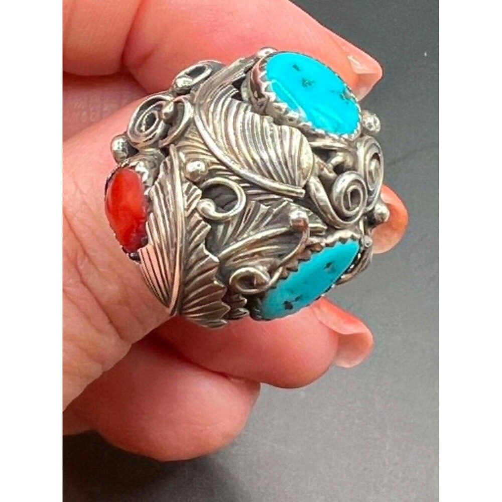 Vintage Navajo Turquoise & Coral Ring – Signed JG – Sterling Silver –Mid‑Century